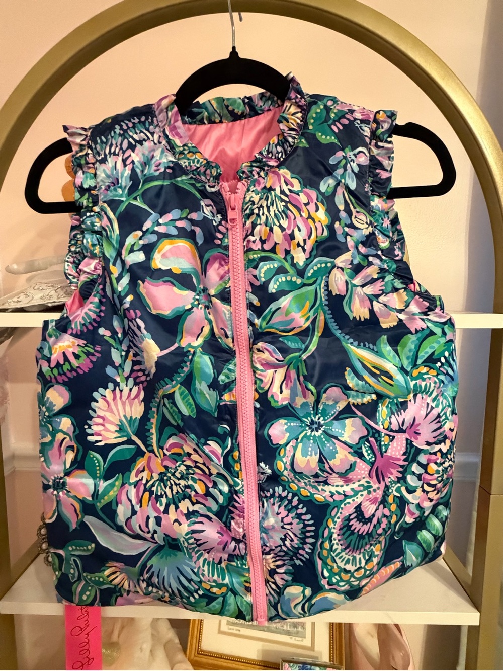 Lilly Pulitzer Navy Quilted Floral Vest with Pink Zip. New with tags.